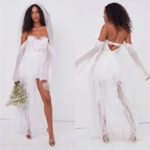 For Love & Lemons Eve Ivory Lace Corset High-Low Tulle Gown Sz Large Wedding - Picture 2 of 16